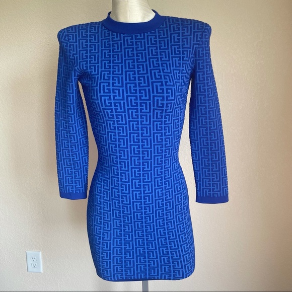 ❌SOLD❌ Balmain Balman Monogram Jacquard Long Sleeve Wool Blend Minidress - Picture 3 of 17